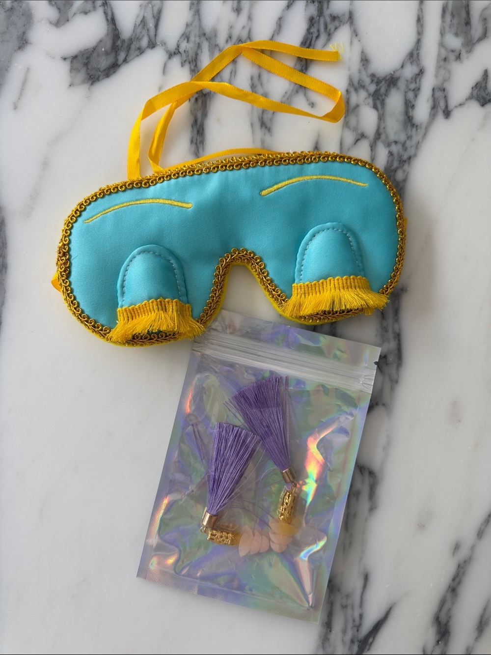 Turquoise and Yellow Satin Sleep Mask with Tassel Trim